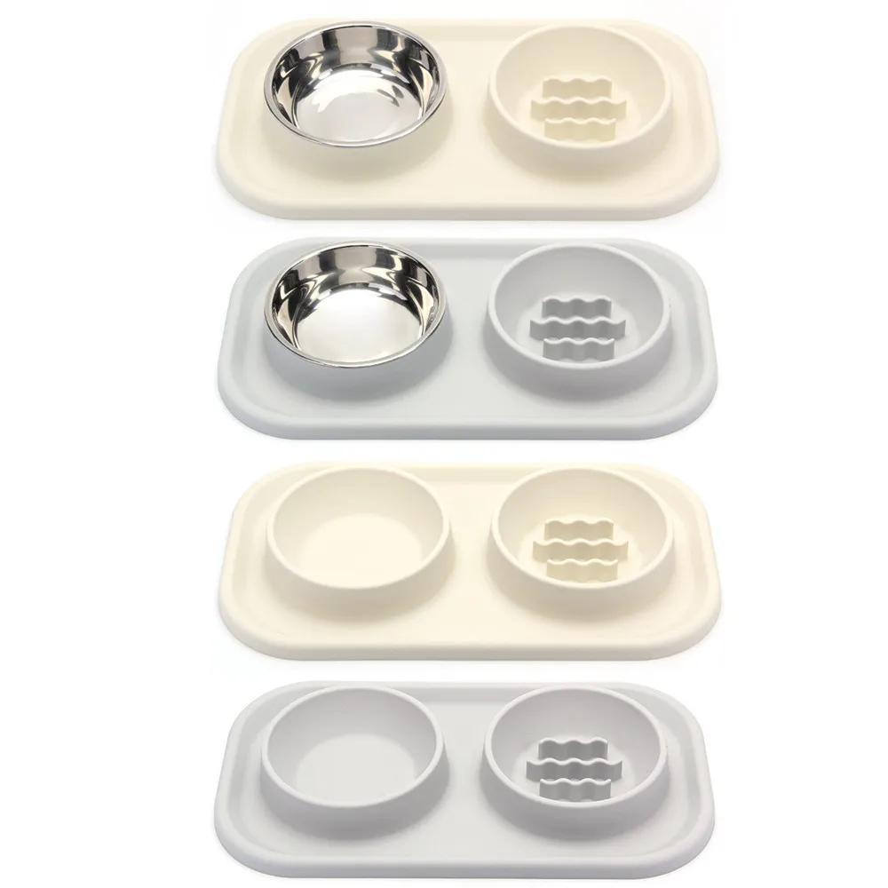 Pet Supplies Silicone Cat Bowl Anti-knockover Slow Food Plate Stainless Steel Small And Medium-sized Dog Bowl Double Bowl