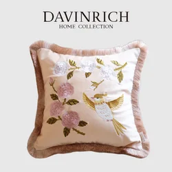 DAVINRICH 로즈 오리올 버드 자수 베개 커버, 레트로 중국 핑크 벨벳 악센트 쿠션 케이스, 거실 소파 소파