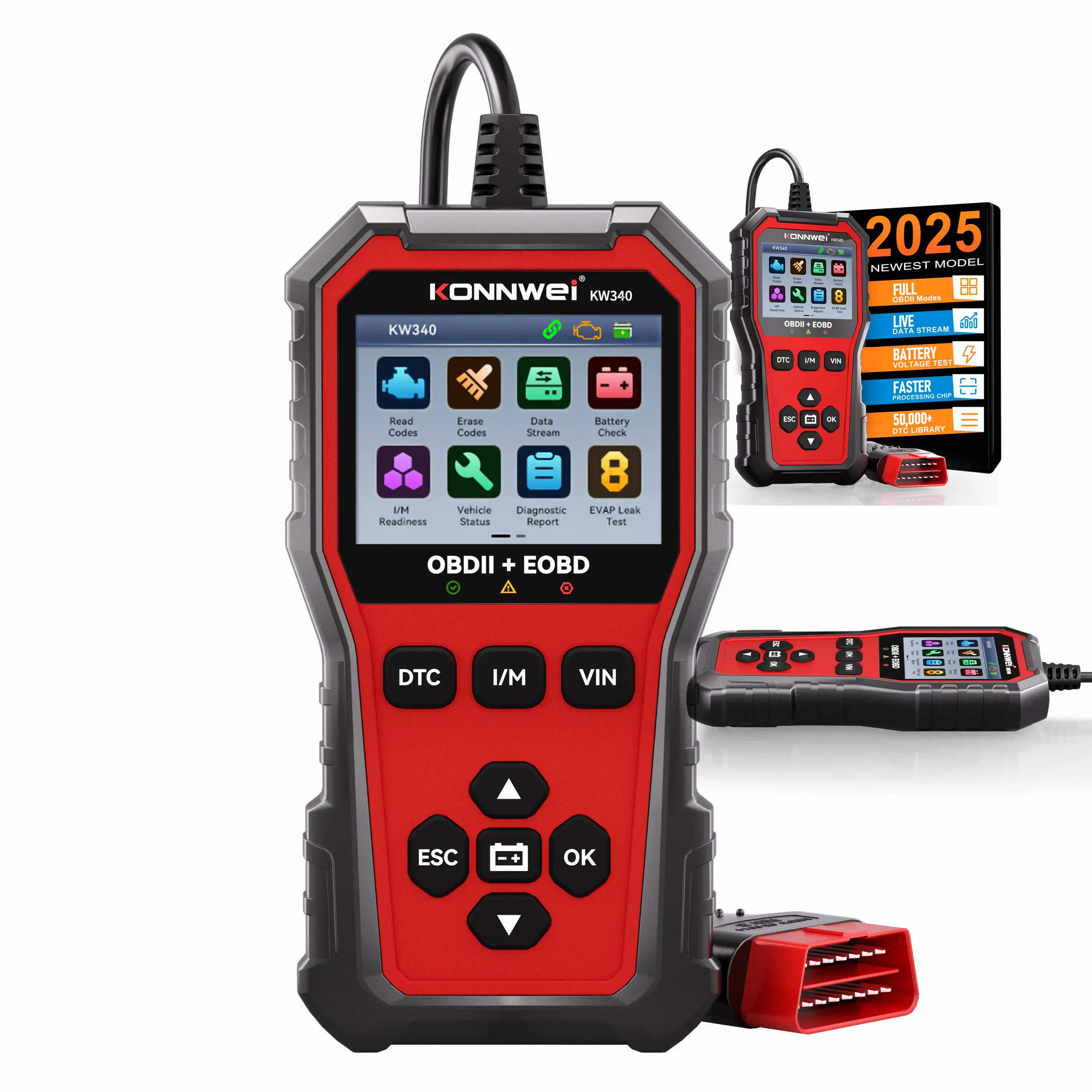 KW340 KONNWEI Car OBD Diagnostic Tool Engine Fault Code Clearance O2 Sensor Testing Fault Data Cloud Printing Car OBD2 Scan Tool