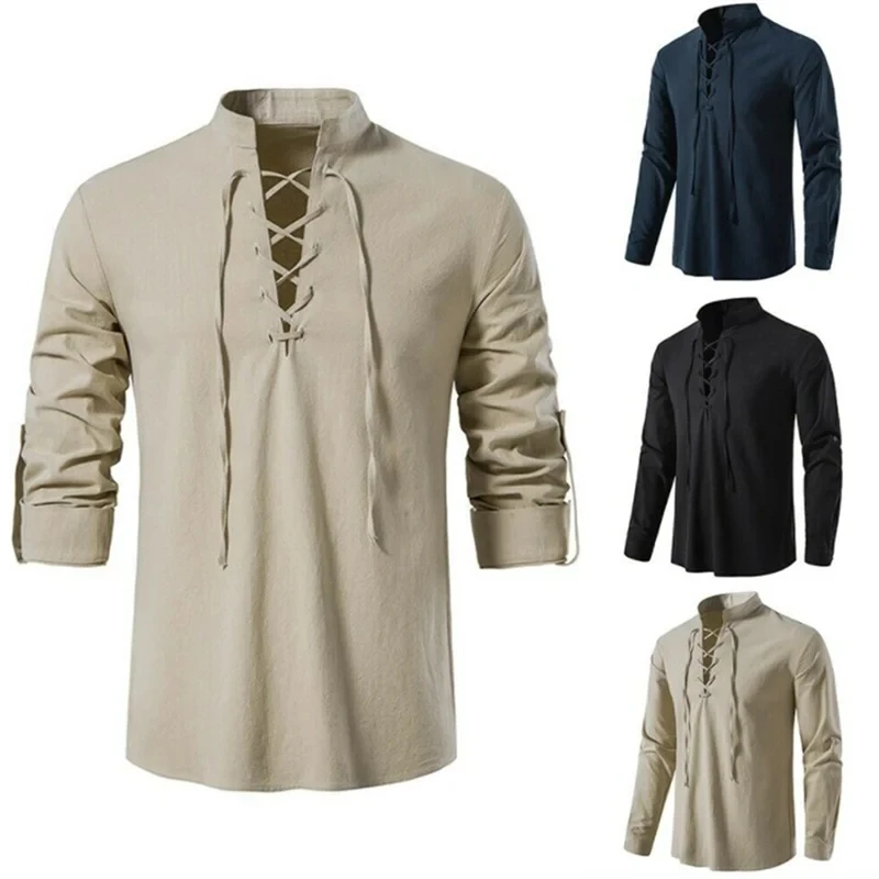 New Men's V-neck shirt T-shirt Fashion Vintage Thin Long Sleeve Top men Casual Breathable Viking Front Lace Up man Shirts