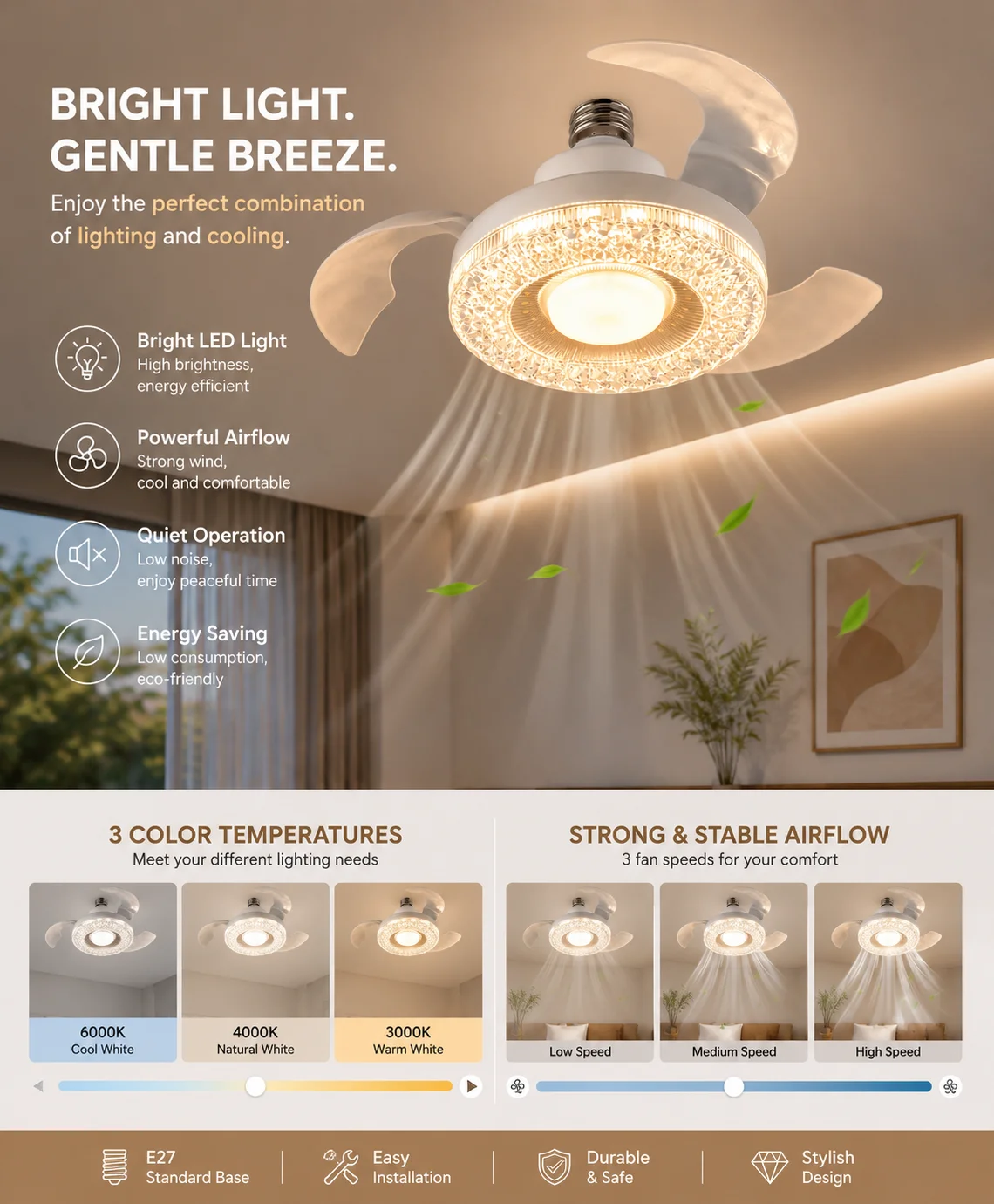 E27 Screw Base Crystal 2‑in‑1 LED Ceiling Fan Light Remote Control Silent Detachable Blades Easy Install For Bedroom Kitchen