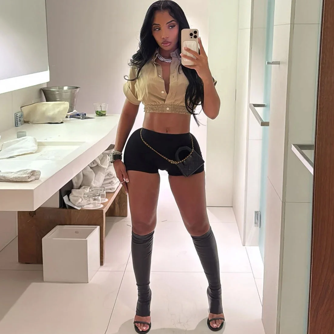 Women's 2 Piece Summer Set Short Sleeve Button Crop Top And Tight High Waist Shorts Casual Sporty Tracksuit Streetwear Outfit