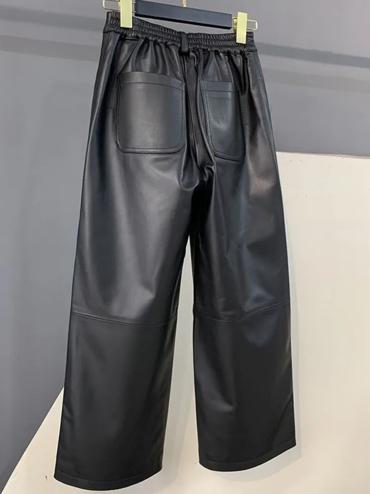 الترفيه نمط زر جلد الغنم السراويل المريحة بلون جلد طبيعي عالية الجودة السيدات جيب مستقيم الساق بنطلون #2