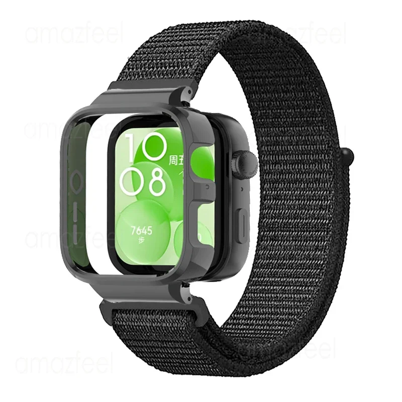 Nylonowa pętla do zegarka Huawei Watch Fit 3, ochraniacz na pasek do zegarka Huawei Watch Fit 3, nylonowe bransoletki + metalowa osłona ochronna