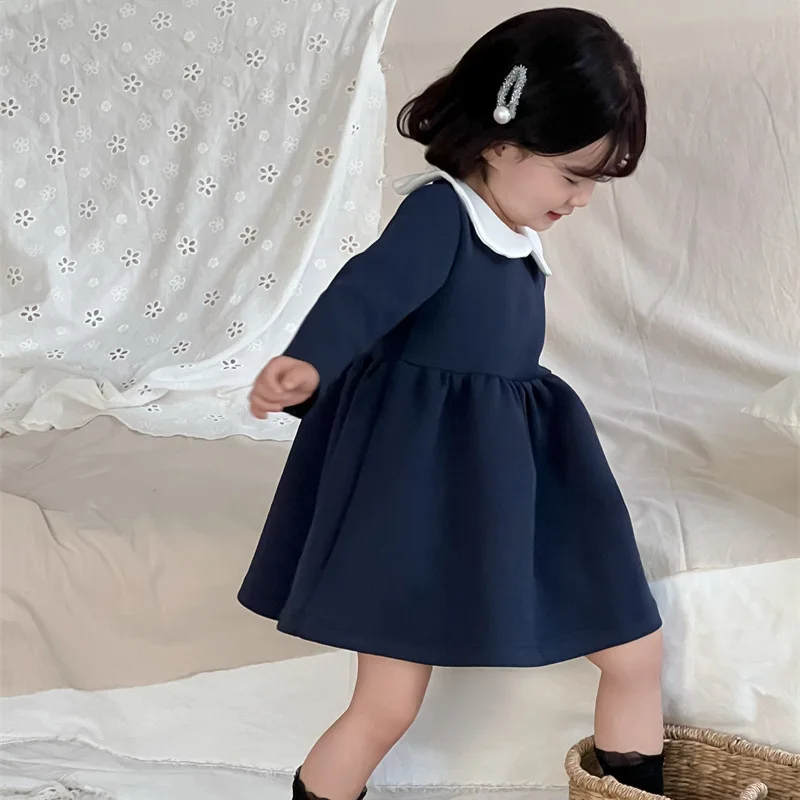

2025Spring New Children's College Style Doll Collar Color-Block Dress Girls' French Long Sleeve Dress