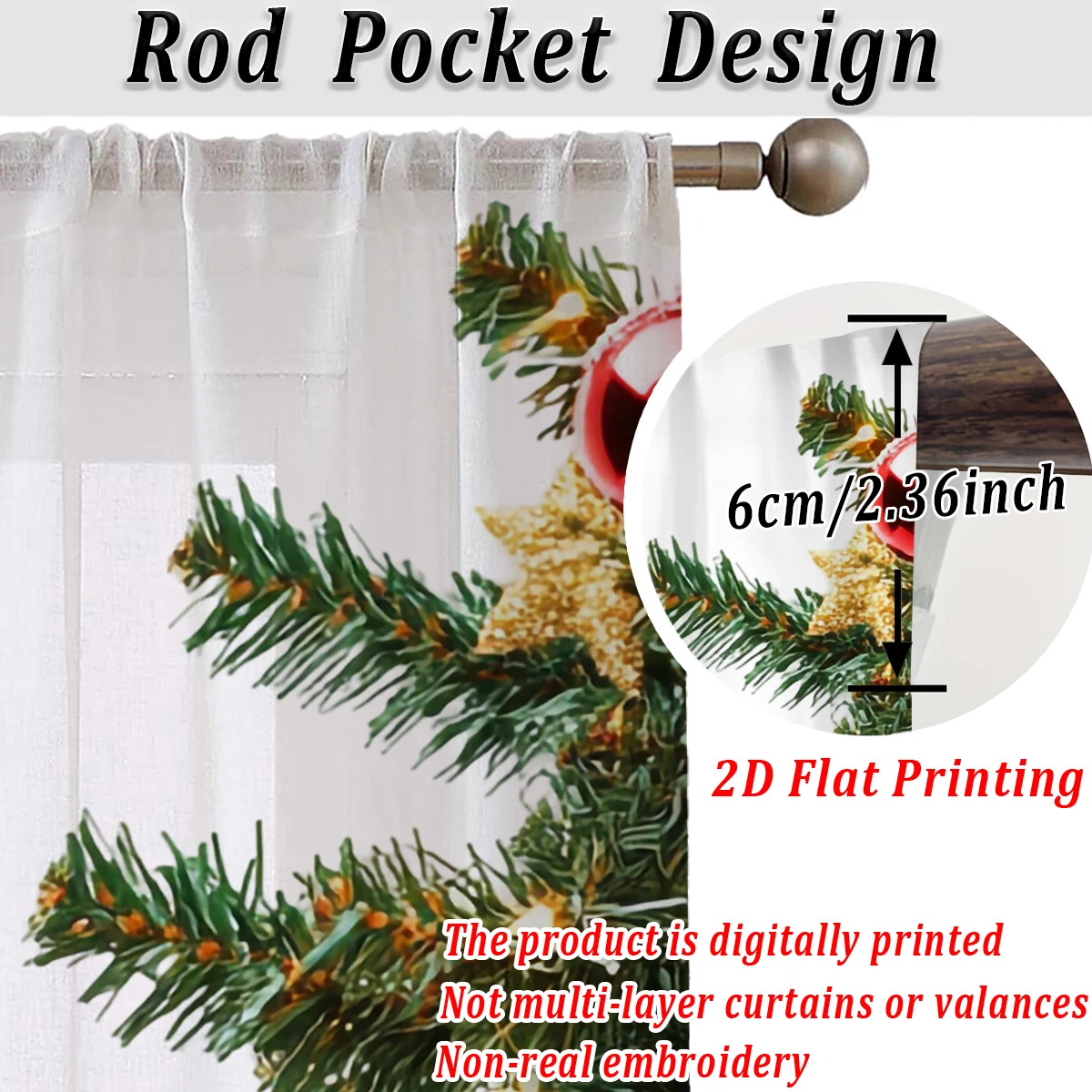 Christmas Flat Printing Sheer Curtain with Christmas Ball Star Pine Branch Ornament For Living Room Bedroom Decor Holiday Party