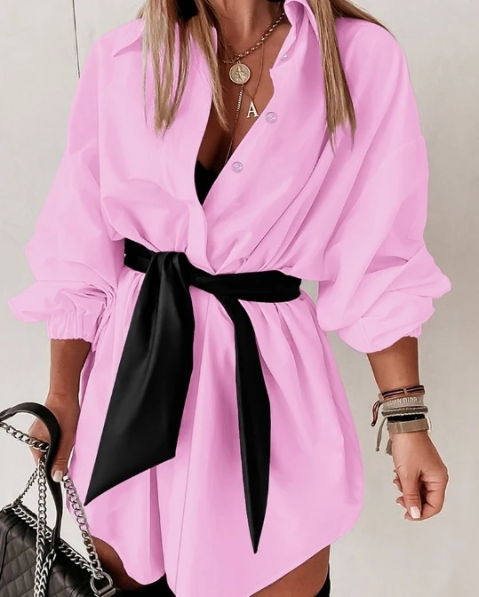 Women's Ceremony Dress Long Sleeve Tied Detail Shirt Dress with Belt 2024 Spring Latest Casual Turn Down Collar Daily Mini Dress