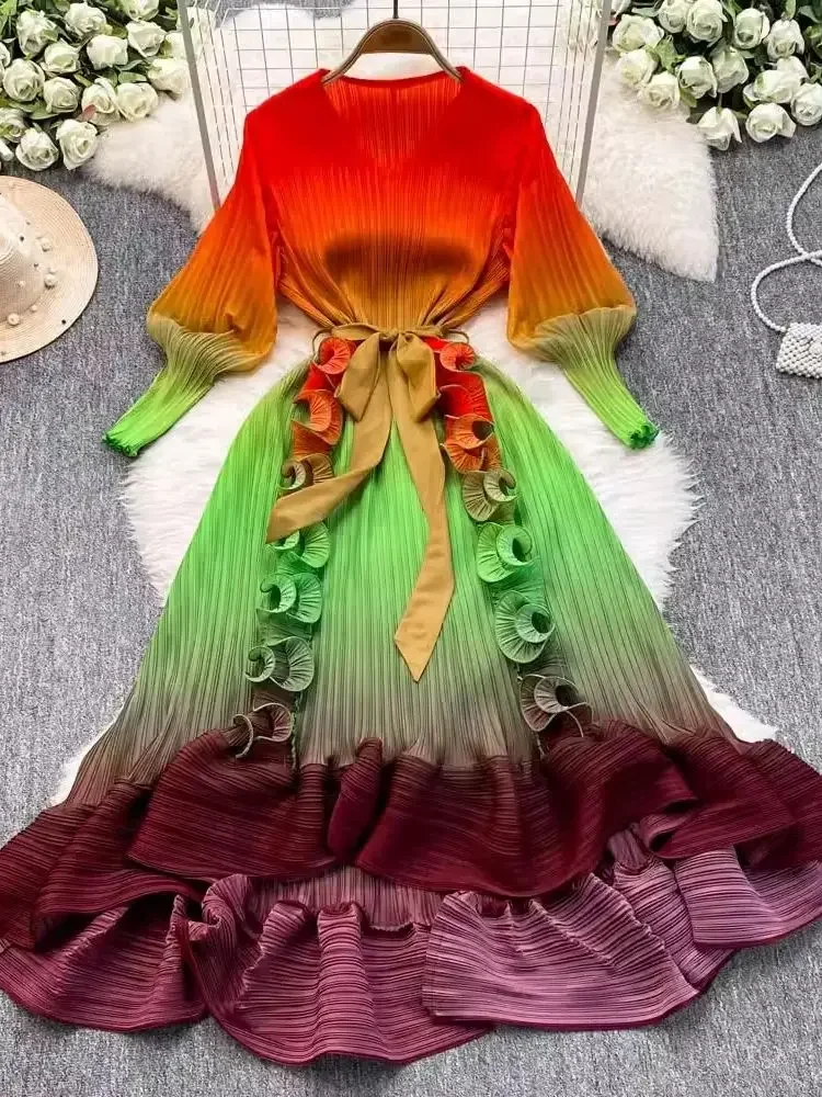 

Luxury 3D Ruffles Splice Gradient Color Pleated Dresses Women's V Neck High Stretch Lace Up Belt Boho Robe Party Clothing