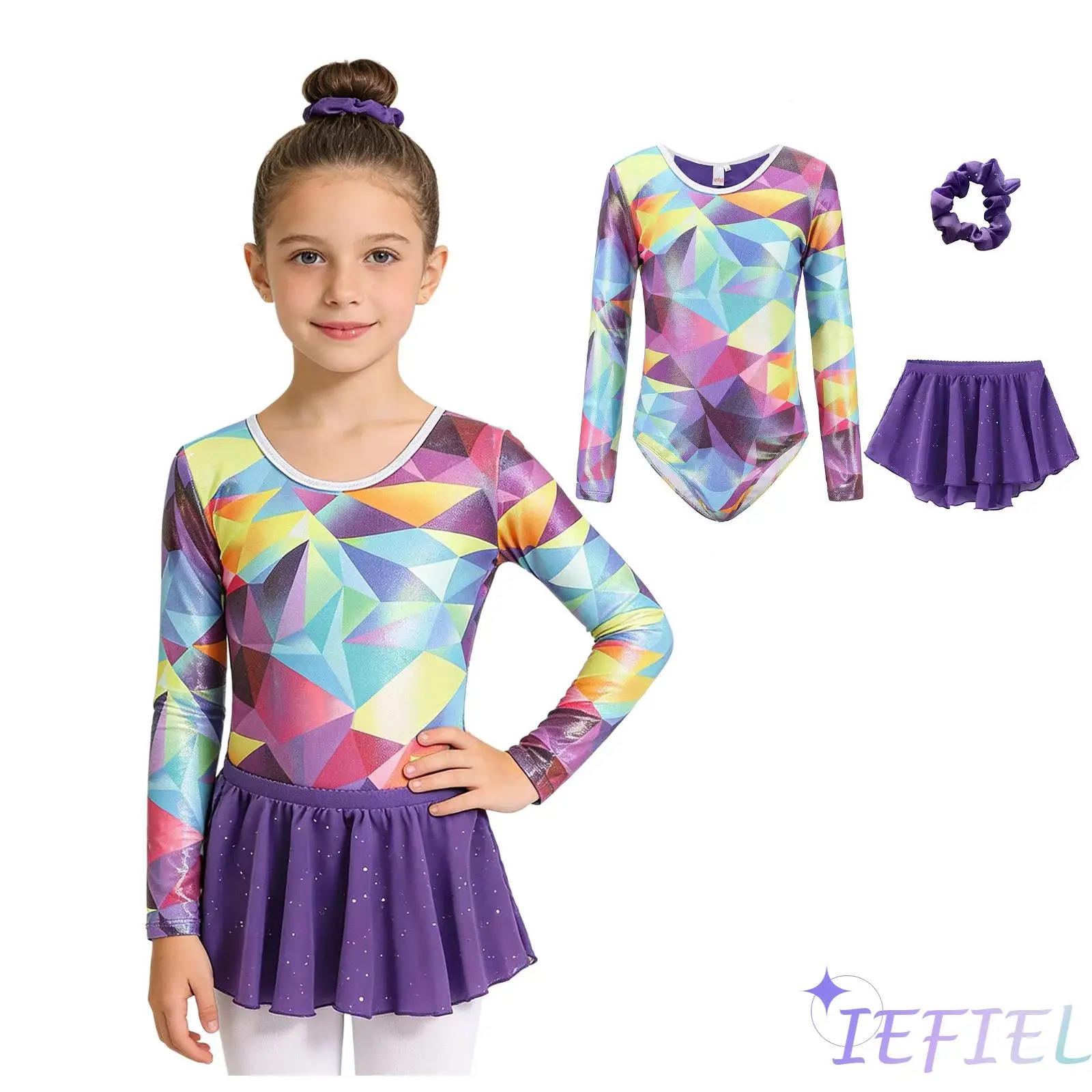 

Детский костюм для лирического балета: металлизированный леотард с длинными рукавами, контрастным принтом, пайетками и юбкой, а также повязка для волос