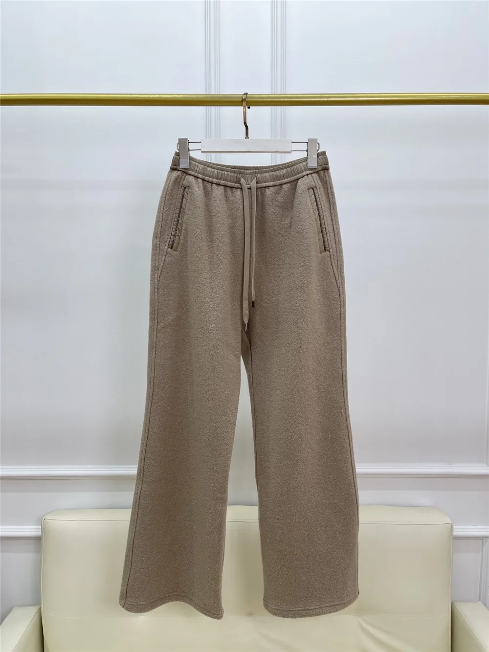 100% Wool Elastic Waist Wide-Leg Pants Woman Drawstring Straight Casual Trousers