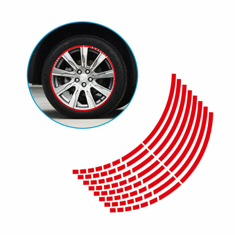 16Pc Motorcycle Bike Car Tire Reflective Stickers Cool Styling Tyre Rim Trim Decal Strip Tape Red Blue Waterproof Exterior Parts