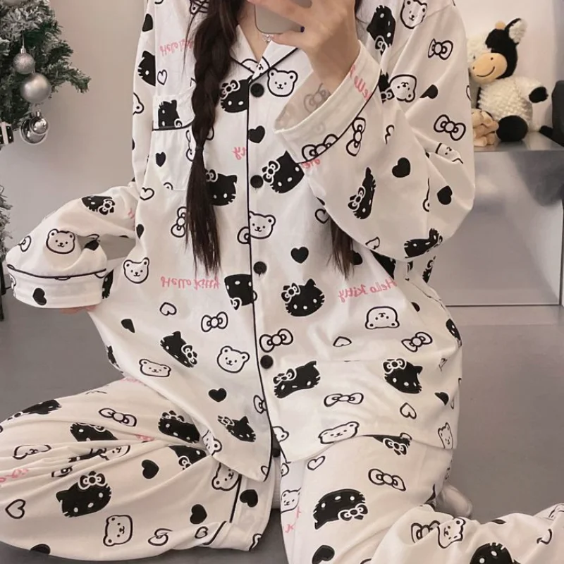 

Sanrio Hello Kitty Women's Pajamas Sets Kawaii Cartoon Spring School Sleepwear Long Sleeve Pant Nightgown Casual Home Clothes