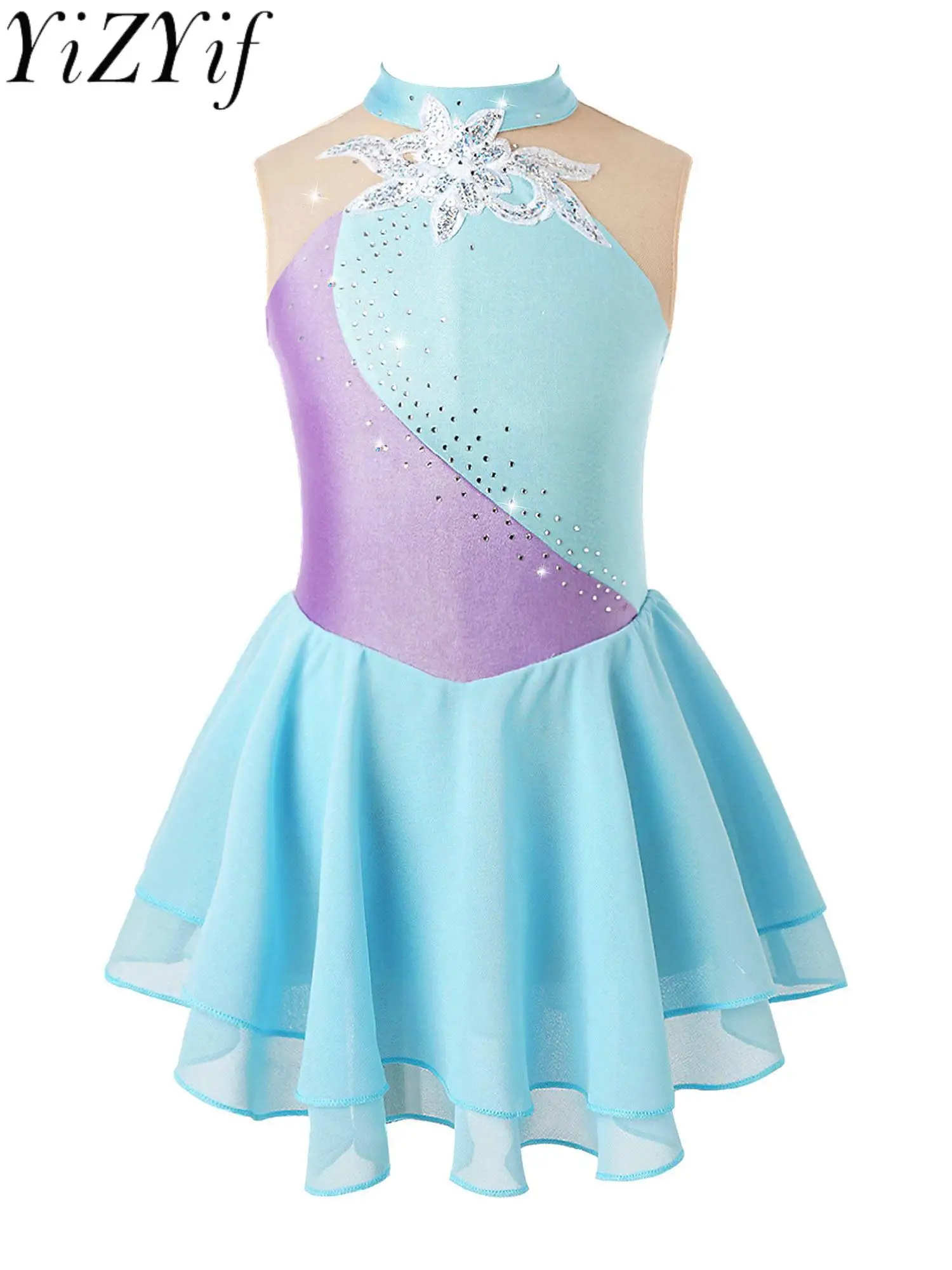 

Figure Ice Skating Dress for Girls Ballet Gymnastics Leotards Floral Rhinestone Mesh Splice Skater Dance Competition Costume