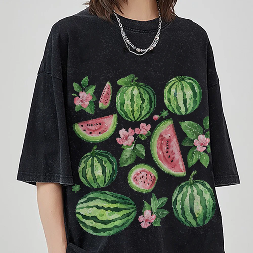 Vintage Fruit Watermelon Graphic Print T-shirt Gothic Women Tshirts Washed Short Sleeved Man Tops Round Neck General Tee