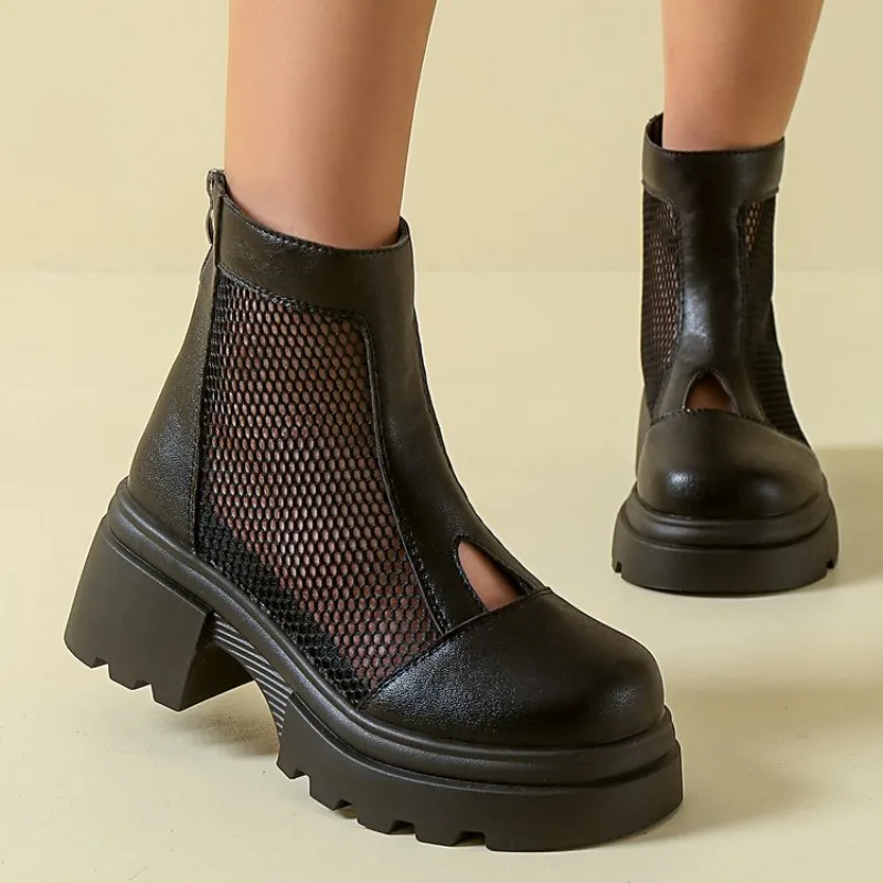 

Women's Ankle Boots Round Toe Mid Block Heel Platform Mesh Cutout Detail Zip Up Casual Summer Fashion Footwear 2026