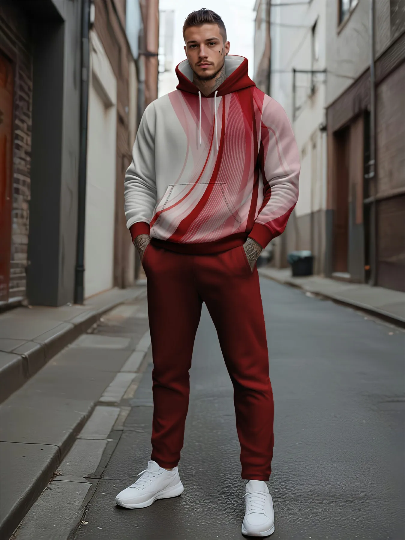 طقم سويت شيرت بغطاء للرأس بطباعة ثلاثية الأبعاد للرجال دافئ كاجوال فضفاض من الصوف #3