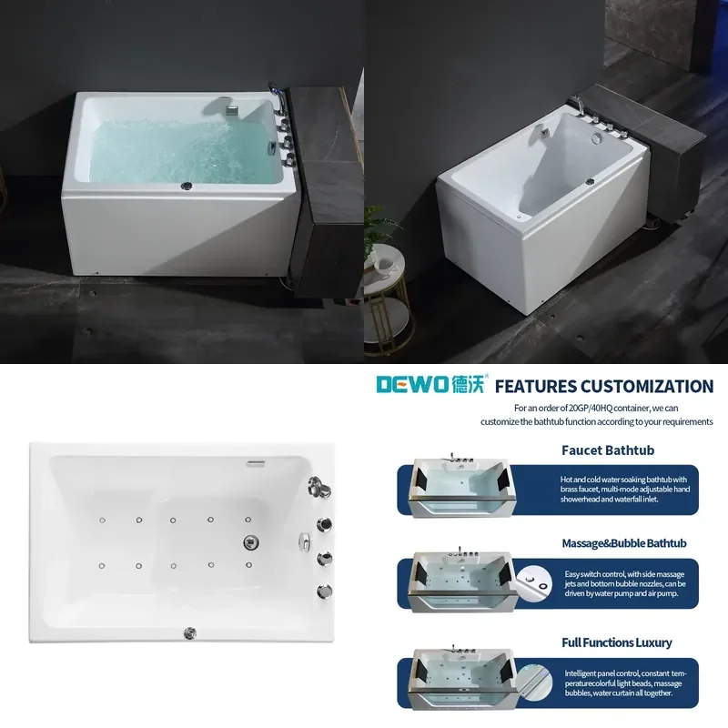 Freestanding Bubble Bathtub 1.2m Mini Rectangle Acrylic Soaking 1-People Baby Blower Air with Faucet&Drainer