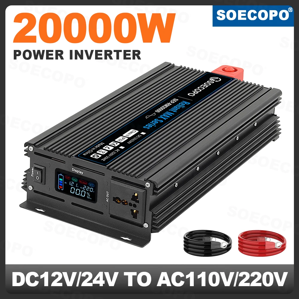 20000W Peak Power Inverter 12V DC to 110V/220V AC Inverter with LCD Display Smart Cooling for RV Camping Home Emergency Backup