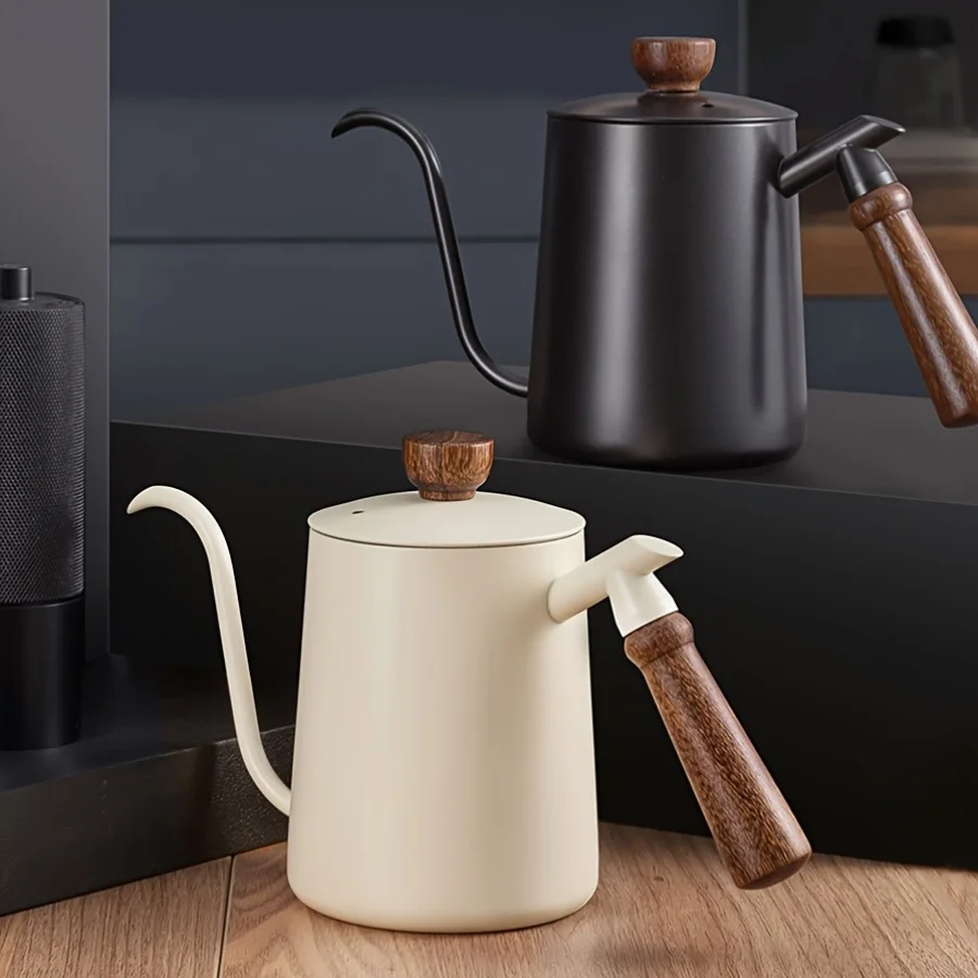 

Профессиональный кофейник из нержавеющей стали 304 с гусиным горлышком и деревянной ручкой и капельницей V60-20,29 унции, полированная металлическая отделка