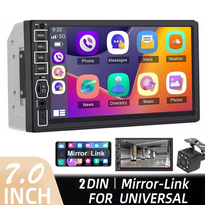 

7 Inch HD Double Din Car Stereo Radio MP5 Player with 8LED Reversing camera Support Mirror Link B-T Touch Screen USB TF FM AUX