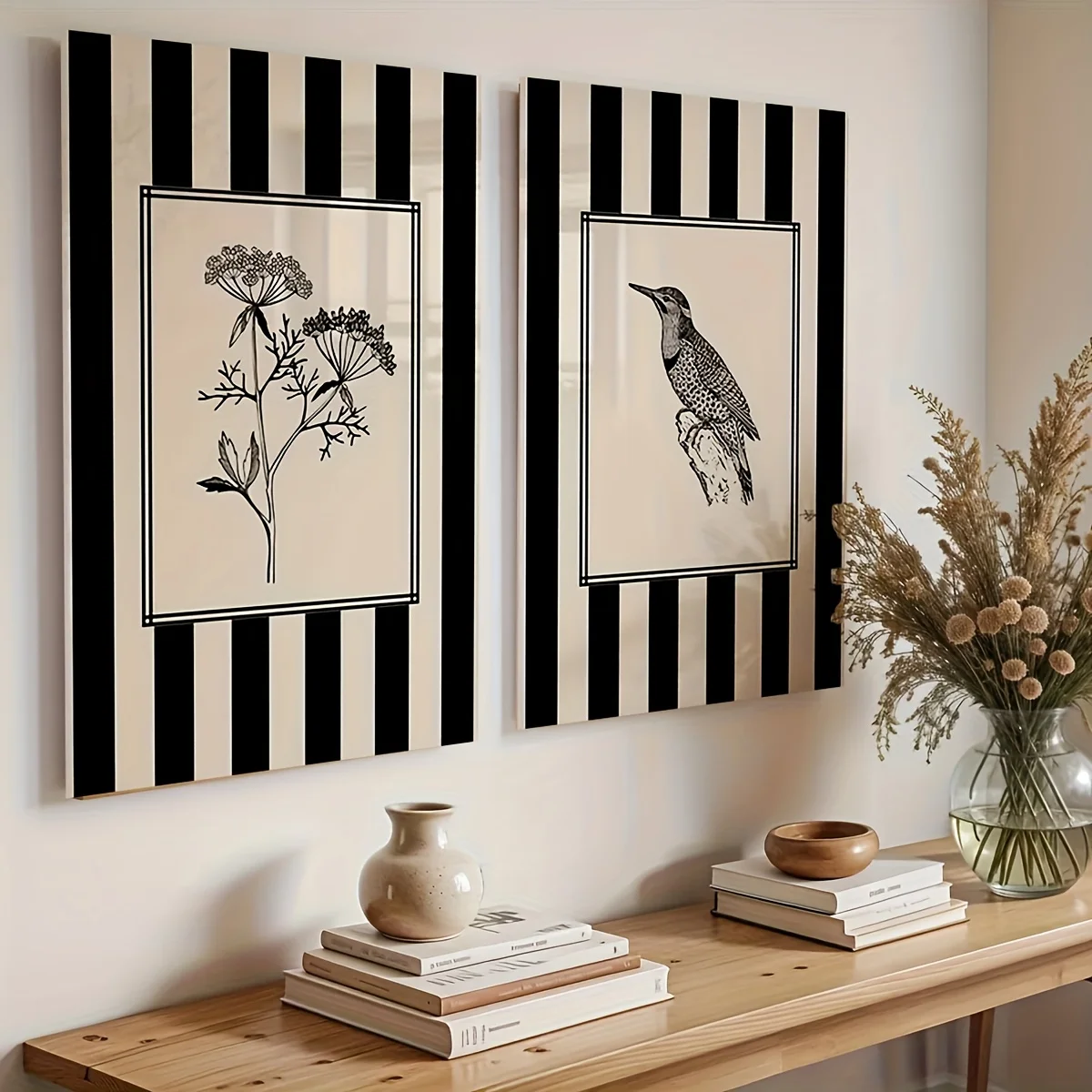 2Pcs Bird & Floral Art Poster Set Nature Line Draw Cabin Style Decor Painting Wooden Framed Wall Art for Home Living Room