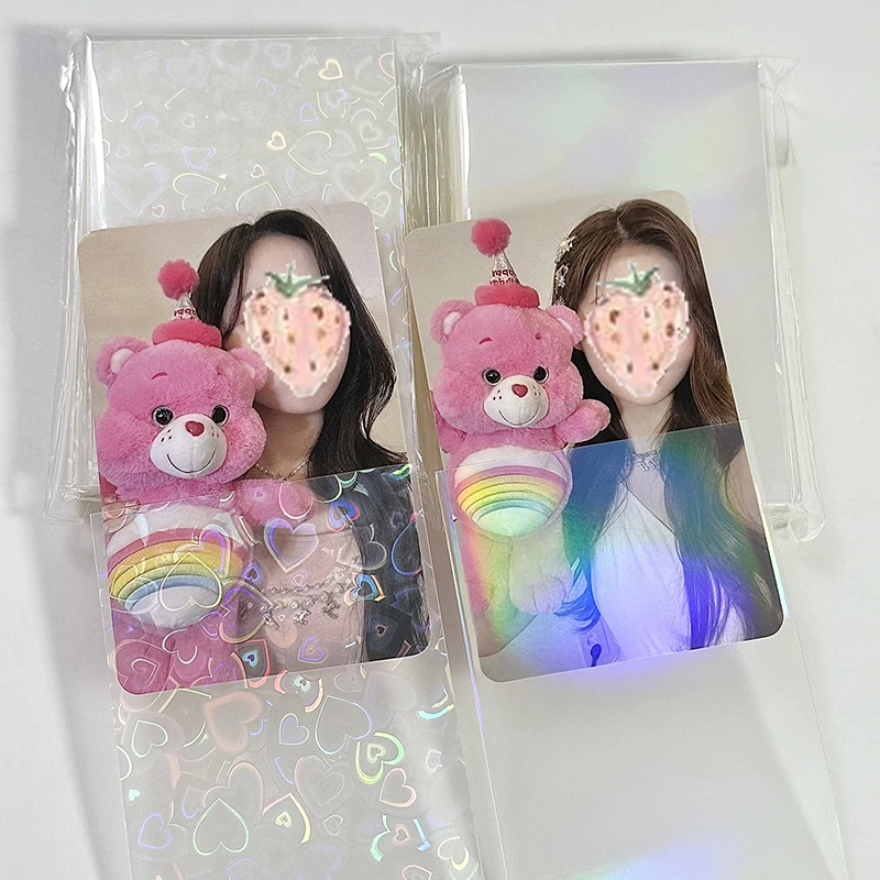 Saco de armazenamento protetor de cartões fotográficos, Glittery Love Heart Laser, Mangas de cartão Kpop Idol Photocard, 50pcs por pacote