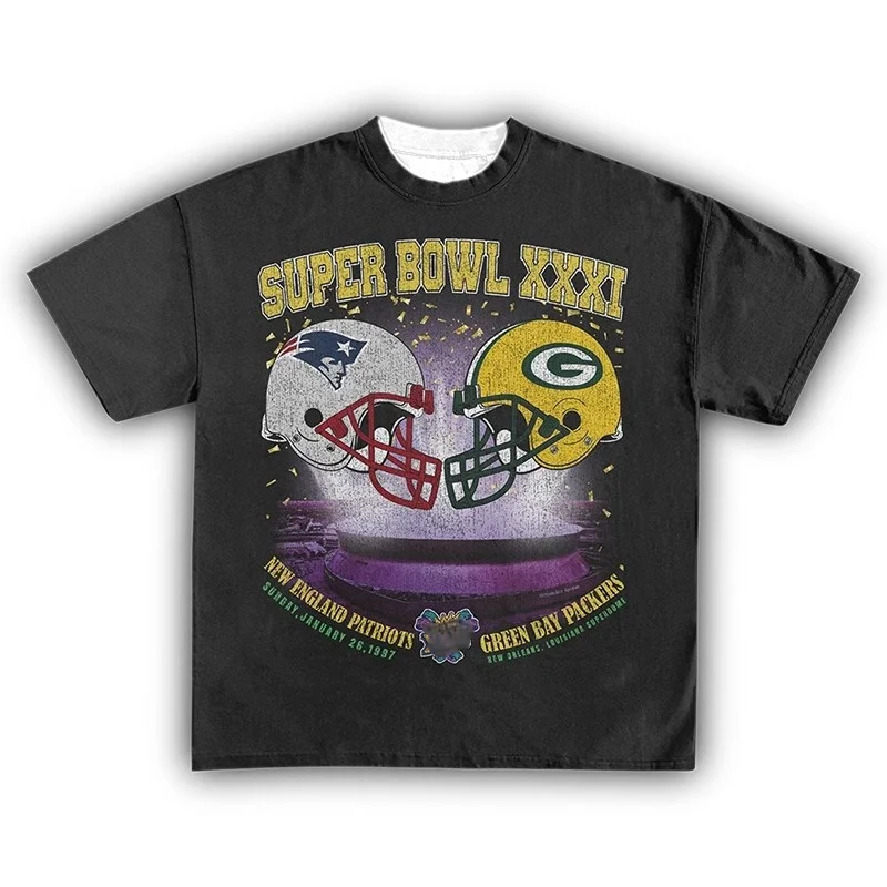 25 عامًا NFL نيو إنجلاند باتريوتس مقابل. تي شيرت Green Bay XXXI Championship American Football بأكمام قصيرة للرجال والنساء