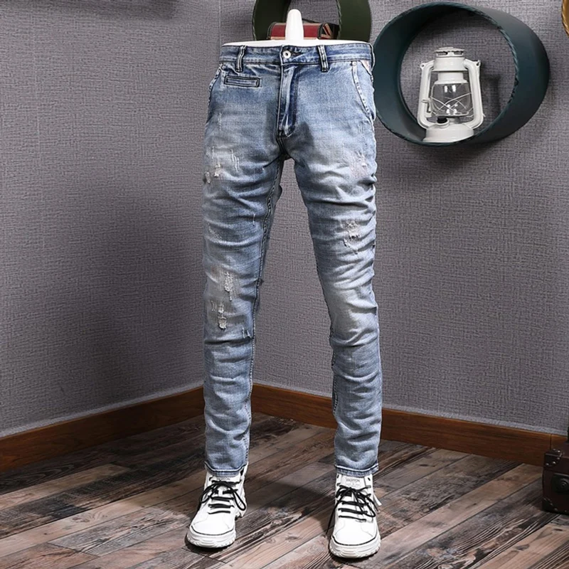 Fashion Designer Men Jeans High Quality Retro Light Blue Elastic Slim Fit Ripped Jeans Men Printed Vintage Denim Pants Hombre
