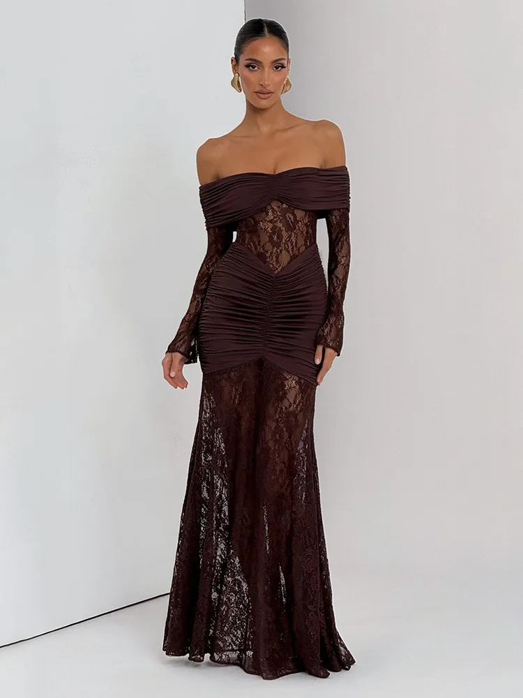 Absobe Robe longue en dentelle transparente pour femme, épaules dénudées, sexy, froncée, manches longues, dos nu, ligne a, Slim, tenue de fête