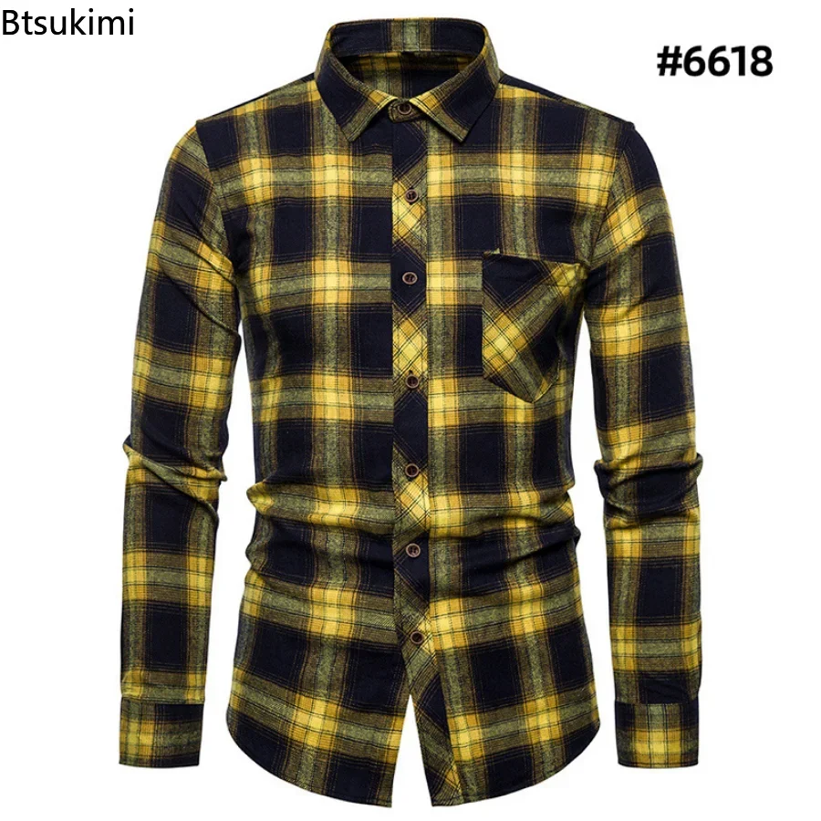 New 2024 Men\'s Harajuku Plaid Shirts 100% Cotton Pocket Long Sleeve Male Slim Fit Blouses High Quality Casual Checked Shirt Men