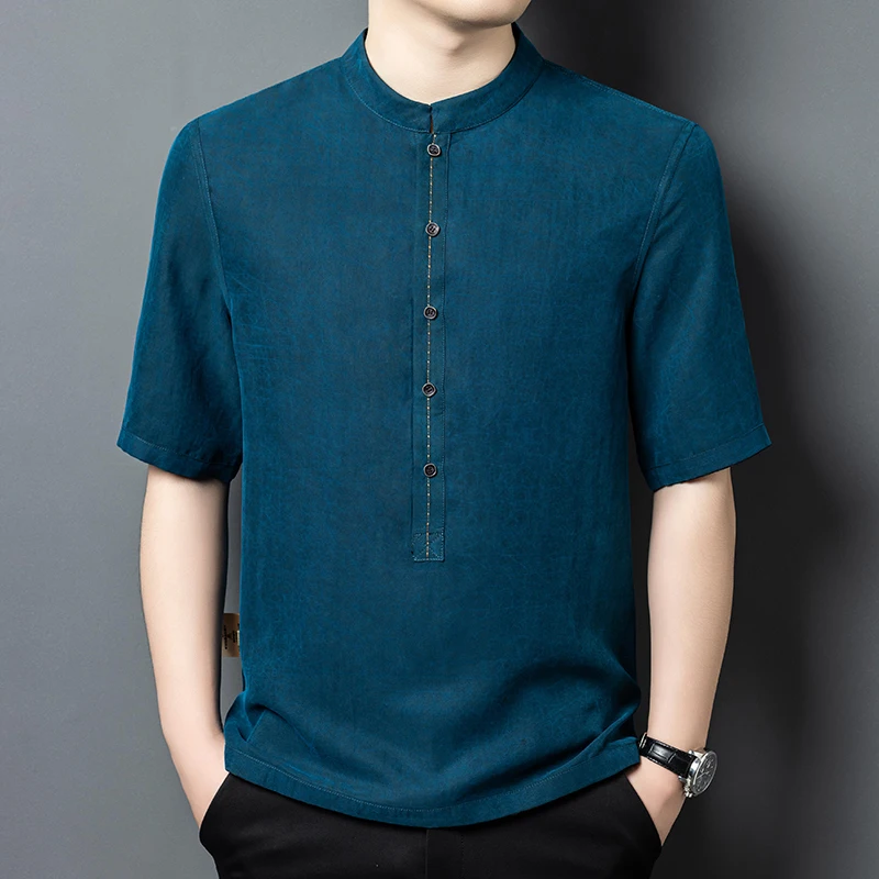 Pullover Reversible Short Sleeve Shirts For Men Real Silk 100% Summer Quality Lightweight Coolness Satin Solid Camisas De Hombre
