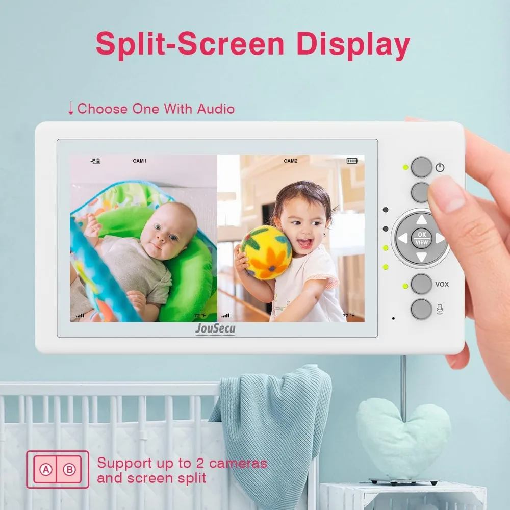 Baby Monitor with 2 Cameras, Video Baby Monitor with Camera and Audio No WiFi, 5 inch Split Screen with 20Hour Long Battery Life