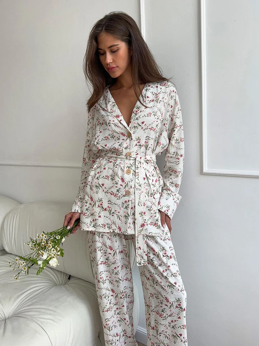 

Marthaqiqi Printing Ladies Nightwear Set Turn-Down Collar Pajama Long Sleeve Nightie Lace Up Nightgown Pants Casual Pyjamas Suit