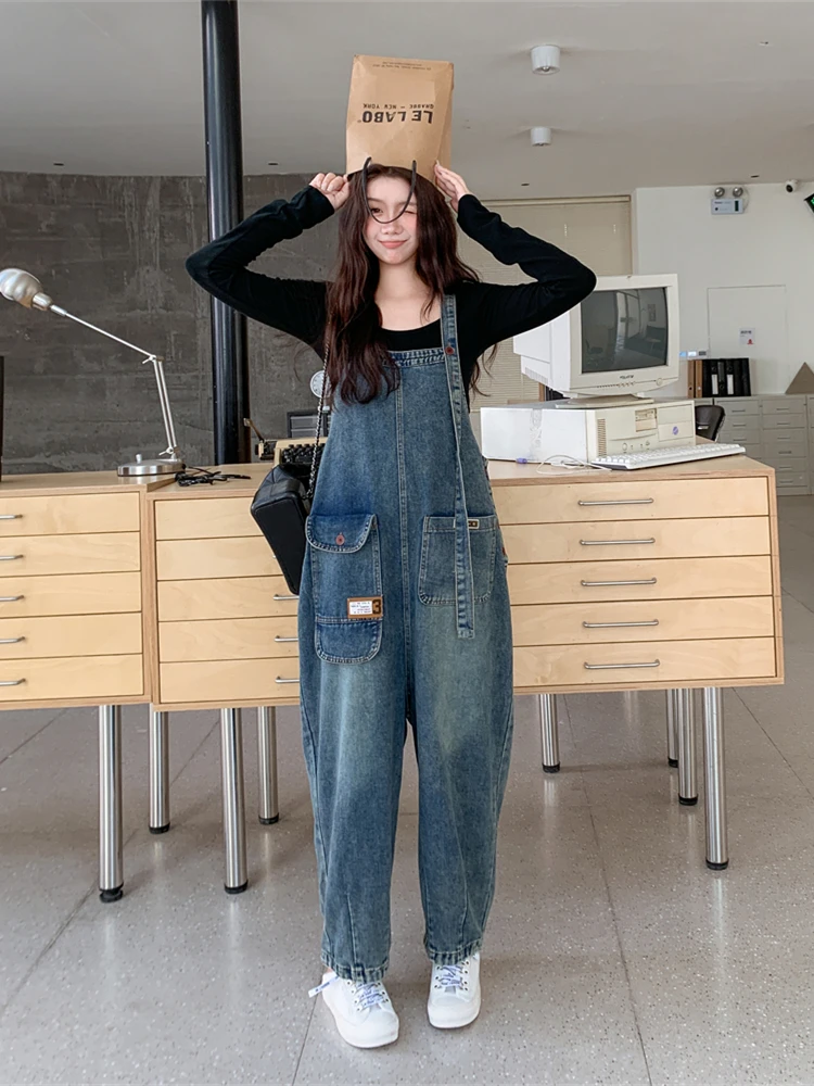 

Шикарные джинсовые комбинезоны, женские весенне-осенние 2023, новые брюки для колледжа, брюки с высокой талией и широкими штанинами для поездок на работу
