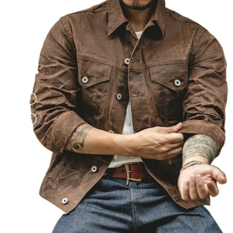 

New Male Spring Khaki Casual Work Safari Style Jacket Retro Heavyweight Canvas Oil Waxed Jacket Cotton Waterproof Hunting Coat