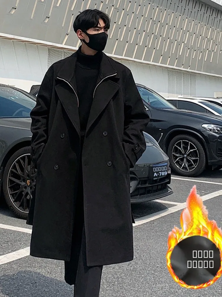 

Мужское утепленное зимнее шерстяное пальто удлиненное (ниже колена), двубортное, в корейском стиле, повседневное, модное, теплое, ветрозащитное