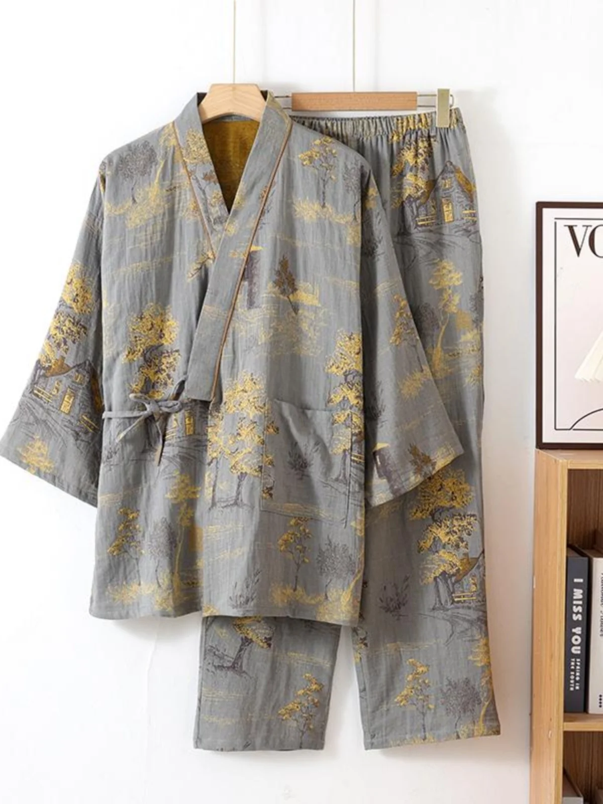Men Spring  Autumn Kimono Robes Male Cotton Pajamas Sleepwear Long Sleeve Homewear Suit Loose Two-piece Nightwear Home Clothes