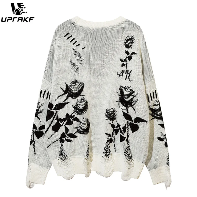 UPRAKF Ripped Vintage Flower Sweater Autumn Winter Fashion Streetwear Pullover Casual Long Sleeve Loose Knitted Jumper