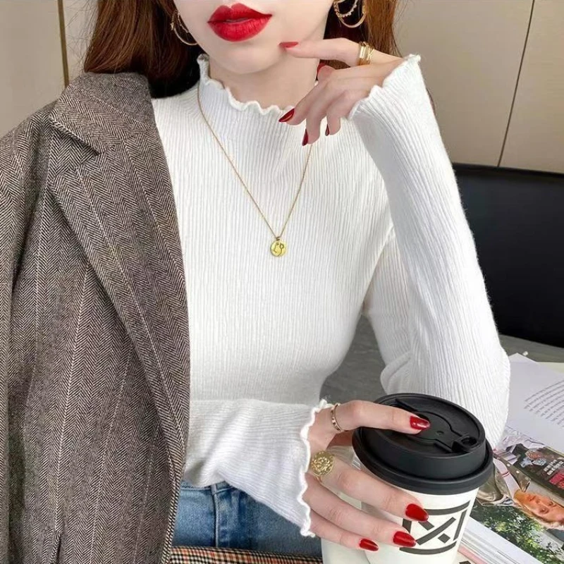 

High Elastic Solid Autumn Winter 2025 Fashion Sweater Ruched Turtleneck Women Sweater Women Slim Knitted Bottoming Pullovers