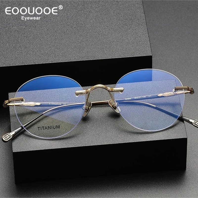 

50-21mm Vintage Rimless Glasses Men Myopia Hyperopia Prescription Lenses Eyeglasses Pure Titanium Optical Elegant Eyewear