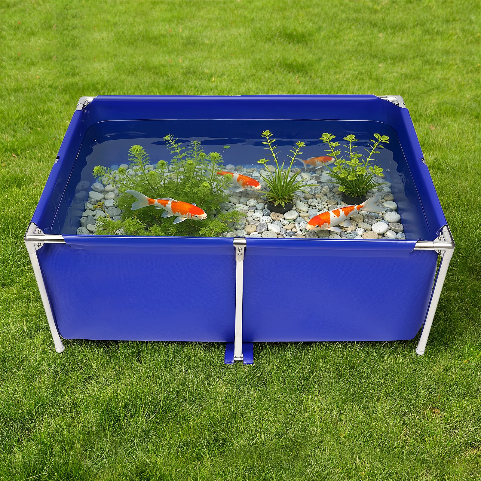 Foldable Canvas Fish Pond 120x80x50cm, Outdoor Aquarium Koi Breeding Tank with Drain Valve, Stainless Steel Frame Pool for Fish 1