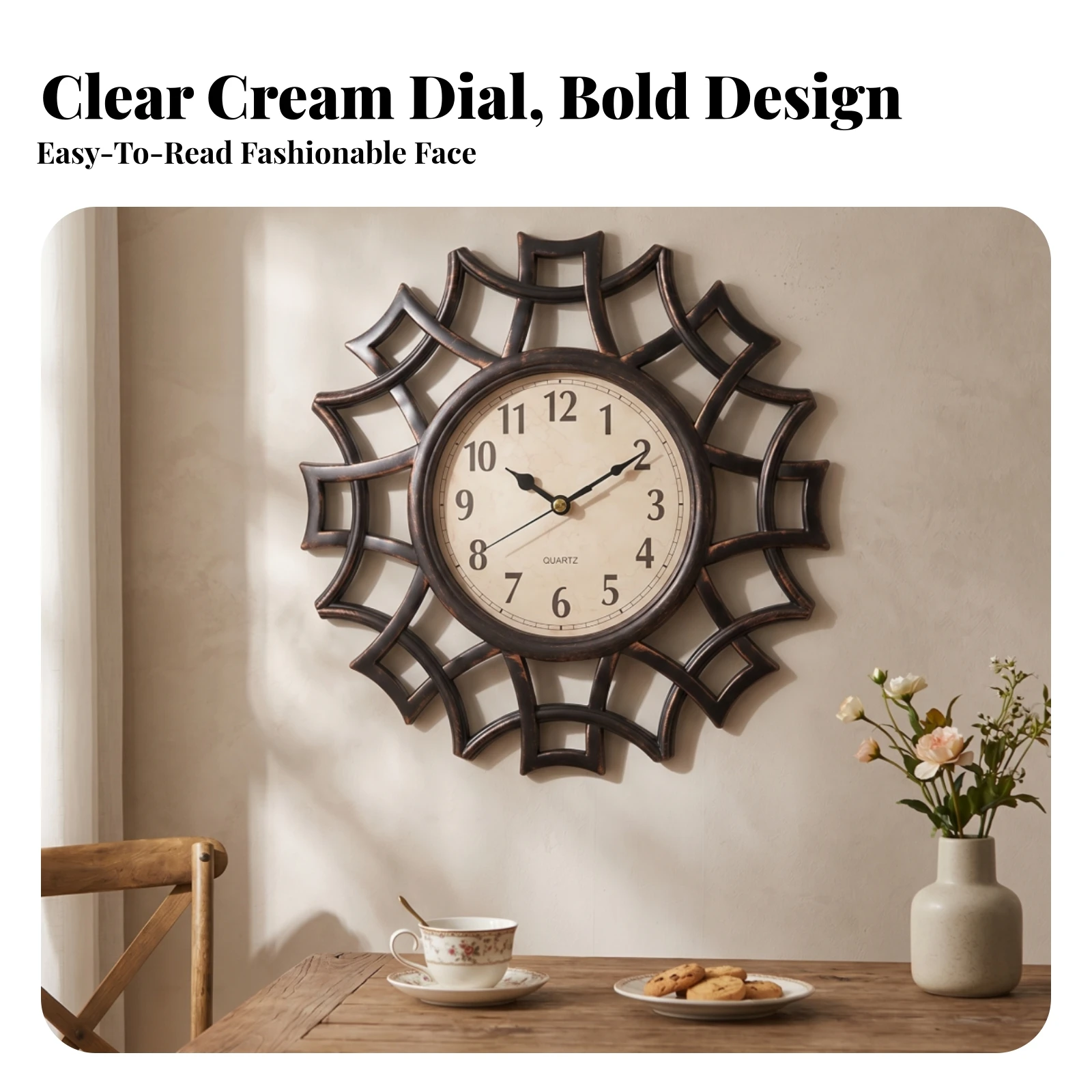 Vintage Wall Clock 10 In Round Antique Radial Quartz Movement Silent Non-ticking for Living Room Bedroom Office Home Decor