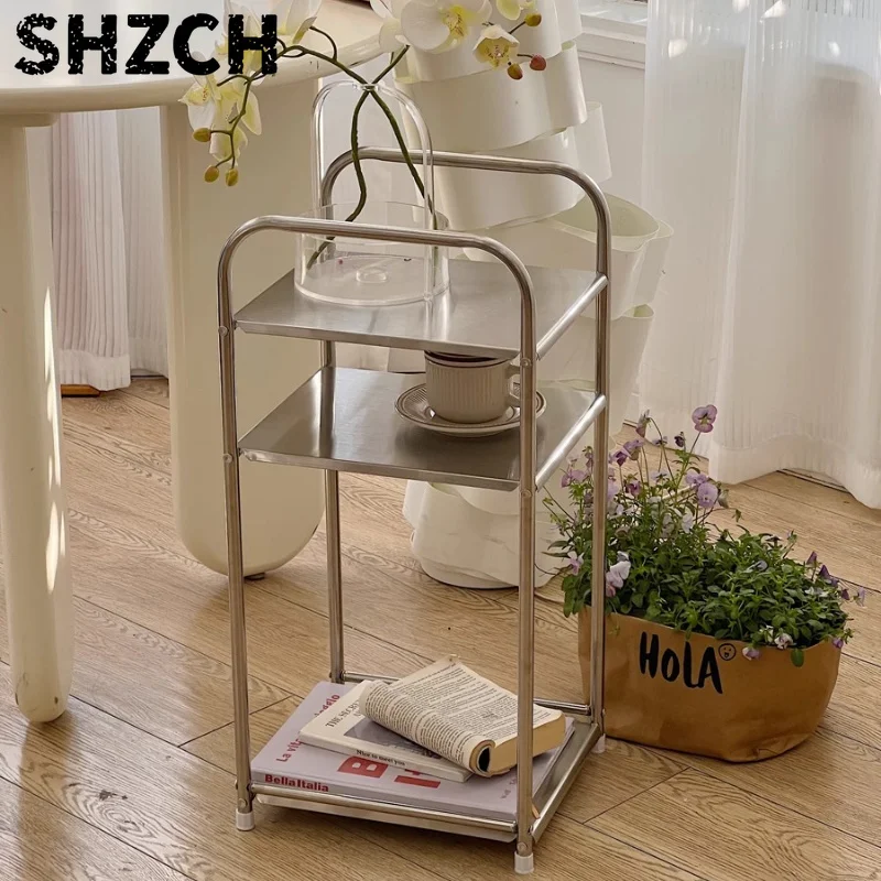 Ins Stainless Steel End Tables Minimalist Home Organizer Living Room Storage Shelves Bedhead Multi Layer Cart Storage Solution - view 3