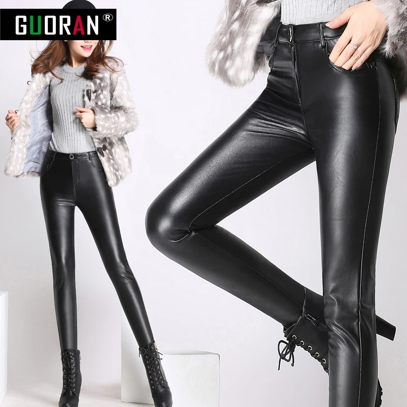 Causal women leather pants high waist skinny warm thicken patchwork office pencil pants female trousers leggings clothe 4XL