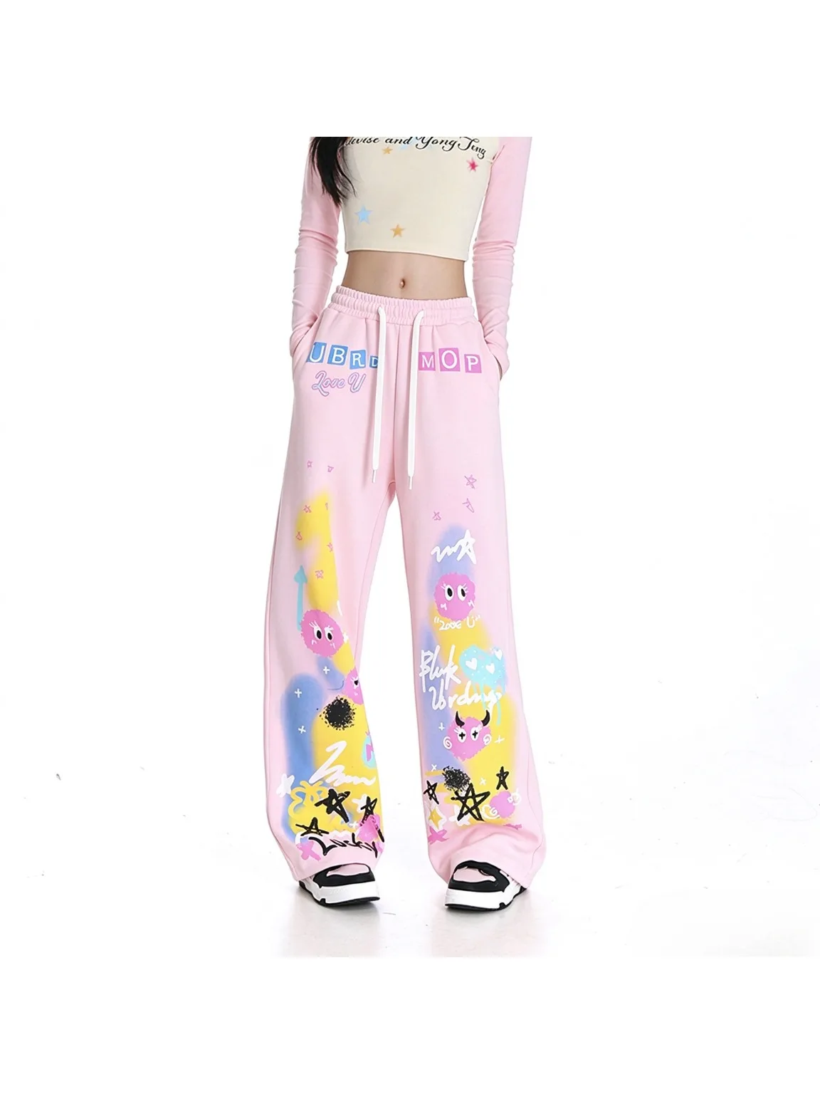 Women's Y2K Graffiti Cartoon Wide Leg Pants Silky Drape Drawstring Waist Trendy Sweet Cool Print Daily Outing Casual Streetwear