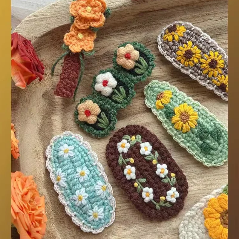 Lovely Sweet Hair Clips Wool Knitted Embroidery Flower Barrettes Hairpins Kids Girls Candy Crochet Headwear Hair Accessories