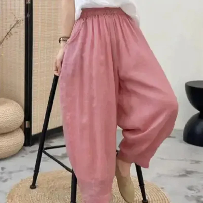 التخسيس لون نقي النمط الياباني سراويل تقليدية فضفاضة مرونة الخصر رقيقة تسع نقاط سراويلي حريمي الصيف فضفاضة تناسب بنطلون #4