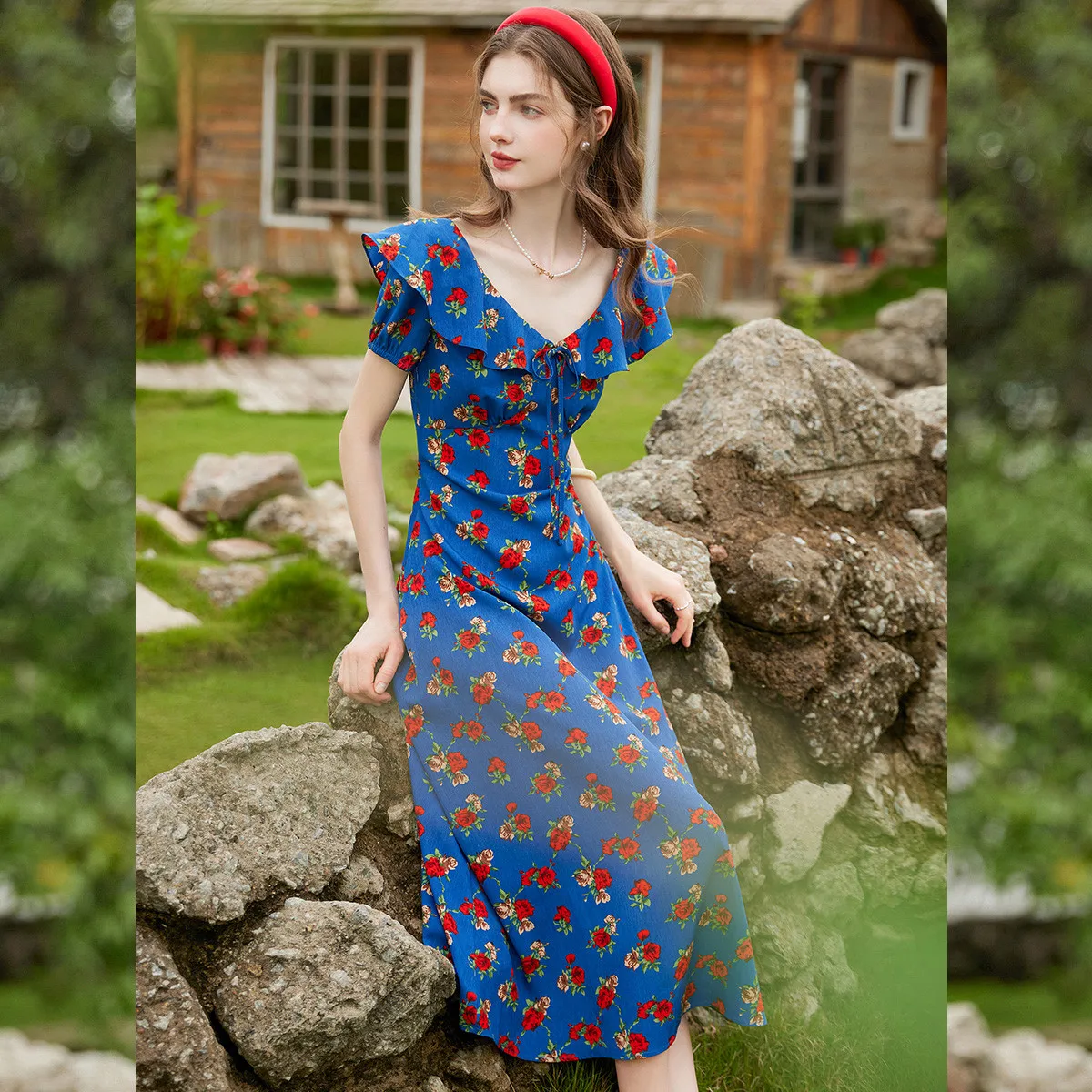 LOUIS YAO Floral Printed Dress 2025 Summer New V-neck Non Elastic Gentle Sweet Printed Lotus Leaf Side Length Women's Dress