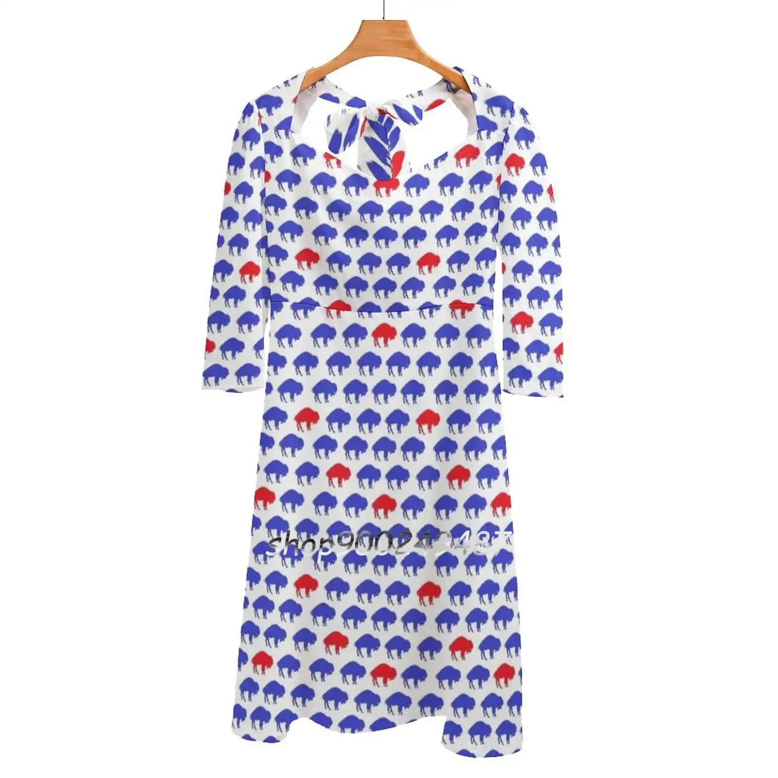 

Blue Buffalo Herd-Buffalo Sports Sweetheart Knot Flared Dress Fashion Design Large Size Loose Dress Buffalo Herd Blue Red Bills