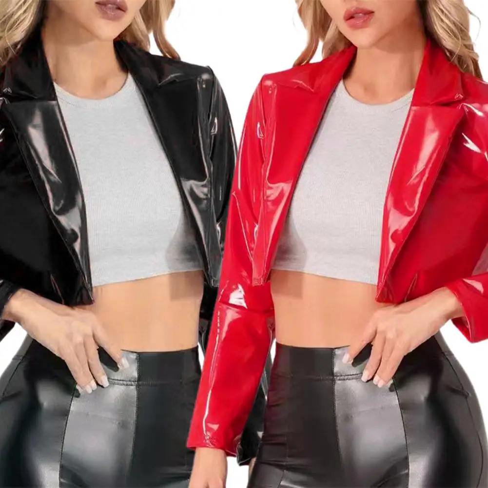 Fashionable Short Jacket Women's Glossy Faux Leather Cropped Coat with Long Sleeve Lapel Jacket for Clubwear Cosplay Festival